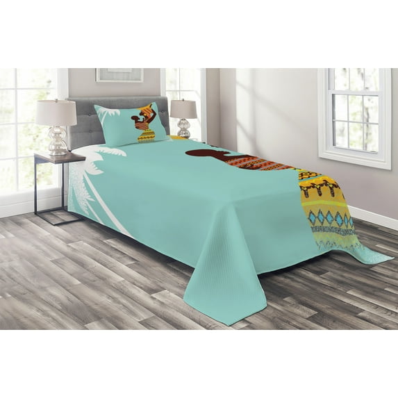 Ambesonne Retro Quilted Coverlet 2 Pcs, Mother, Twin Size, Turquoise Marigold