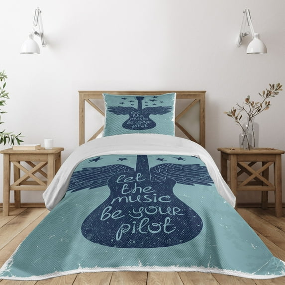 Ambesonne Retro Quilted Coverlet 2 Pcs, Music Guitar Wings Blue, Twin Size, Dark Blue