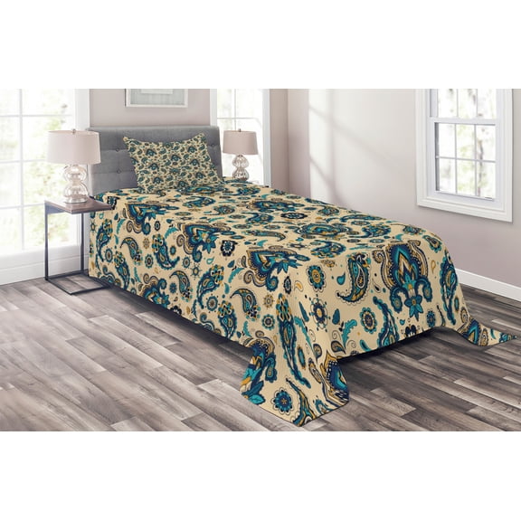 Ambesonne Retro Quilted Coverlet 2 Pcs, Vintage Colorful Floral, Twin Size, Yellow Blue Cream