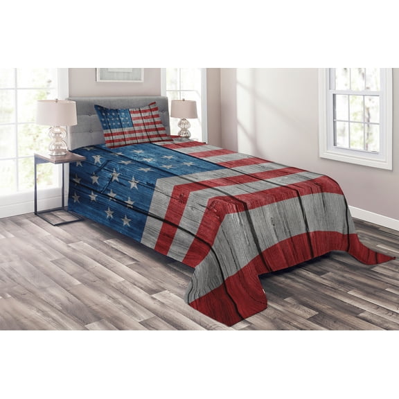 Ambesonne Retro Quilted Coverlet 2 Pcs, Worn Style American Flag, Twin Size, Blue Red Pale Grey
