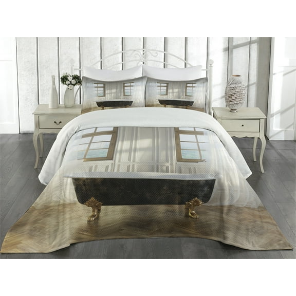 Ambesonne Retro Quilted Coverlet 3 Pcs, Bathtub in Modern Room, King Size, White Black Pale Brown