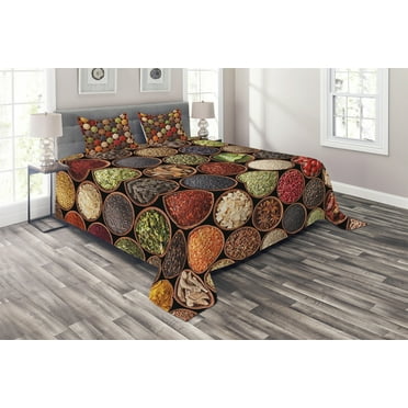 Ambesonne Retro Quilted Coverlet 3 Pcs, Colorful Herbs Spices, King Size, Multicolor
