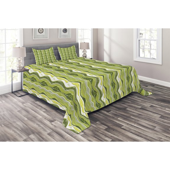 Ambesonne Retro Quilted Coverlet 3 Pcs, Digital Leaf Floral Lines, King Size, Green