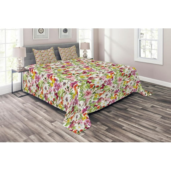 Ambesonne Retro Quilted Coverlet 3 Pcs, French Vintage Flowers, King Size, Reseda Green Pale Coffee