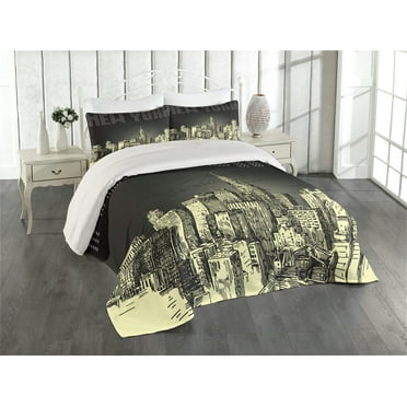 Ambesonne Retro Quilted Coverlet 3 Pcs, Grunge Empire State NYC, King Size, Grey Yellow