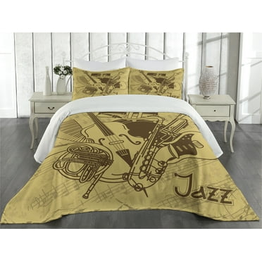 Ambesonne Retro Quilted Coverlet 3 Pcs, Jazz Music Equipments, King Size, Cream Brown