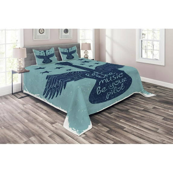 Ambesonne Retro Quilted Coverlet 3 Pcs, Music Guitar Wings Blue, Queen Size, Dark Blue