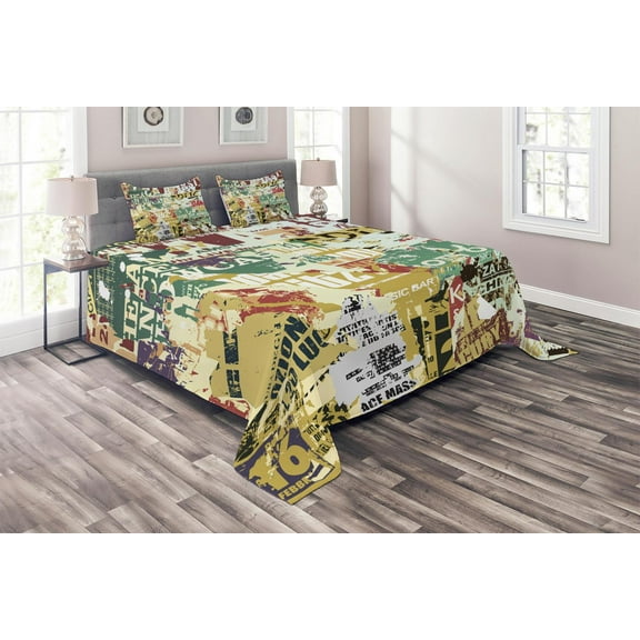 Ambesonne Retro Quilted Coverlet 3 Pcs, Old Torn Posters Collage, King Size, Multicolor