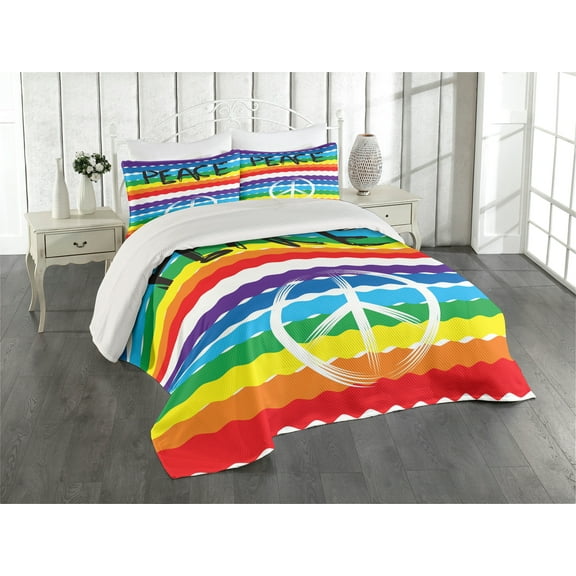 Ambesonne Retro Quilted Coverlet 3 Pcs, Stripes Peace Lettering, Queen Size, Multicolor