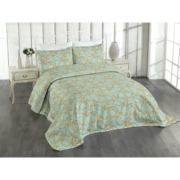 Ambesonne Retro Quilted Coverlet 3 Pcs, Swirly Floral Motifs Art Deco, King Size, Pale Blue and Mustard