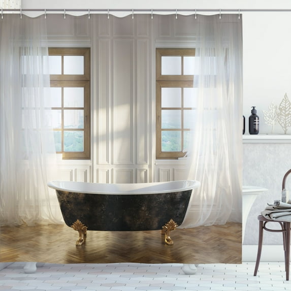 Ambesonne Retro Shower Curtain, Bathtub in Modern Room, 69"Wx75"L, White Black Pale Brown