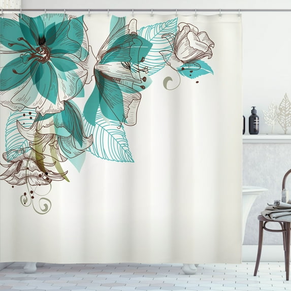 Ambesonne Retro Shower Curtain, Flowers Buds Leaf, 69"Wx75"L, Teal Pale Green