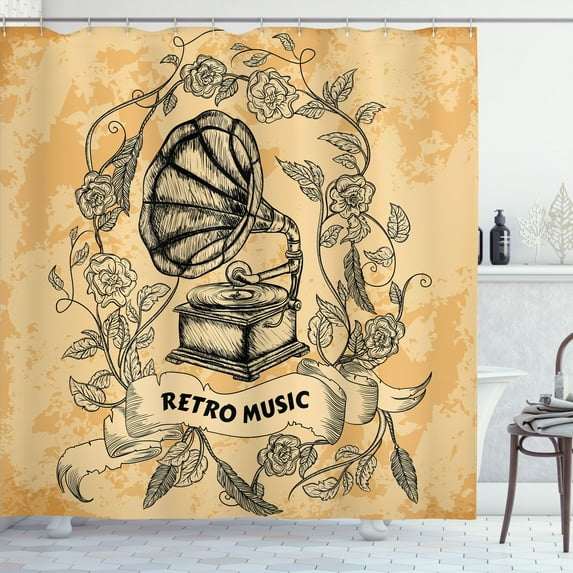 Ambesonne Retro Shower Curtain, Gramophone Rose Petals, 69"Wx70"L, Orange Black