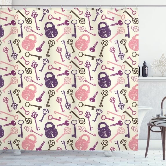 Ambesonne Retro Shower Curtain, Hand Drawn Looking Keys Art, 69"Wx75"L, Dried Rose and Eggplant