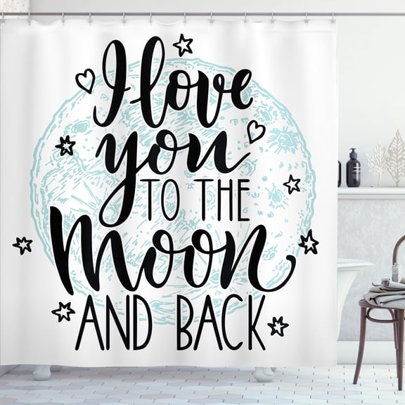 Ambesonne Retro Shower Curtain, I Love You to The Moon Back, 69"Wx70"L, Charcoal Grey Soft Blue