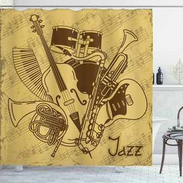 Ambesonne Retro Shower Curtain, Jazz Music Equipments, 69"Wx70"L, Cream Brown