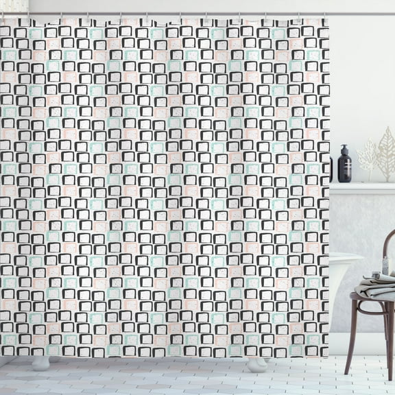 Ambesonne Retro Shower Curtain, Memphis Vibes Squares Grunge, 69"Wx84"L, Mint Green Rose and Dark Grey