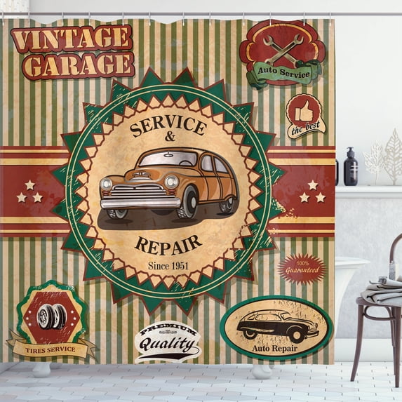 Ambesonne Retro Shower Curtain, Old Sixties Car Pop Art, 69"Wx84"L, Green Red Cream