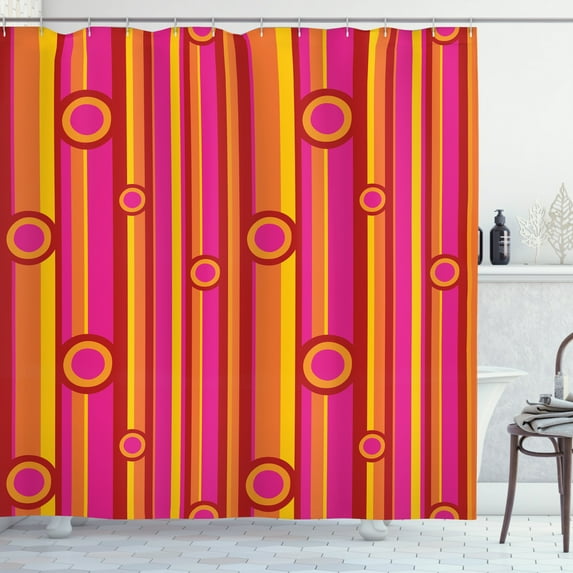 Ambesonne Retro Shower Curtain, Stripes Circles Vibrant, 69"Wx84"L, Pink Red Orange