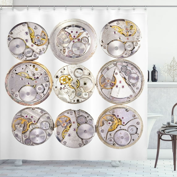 Ambesonne Retro Shower Curtain, Technical Theme Clock, 69"Wx70"L, Grey Yellow