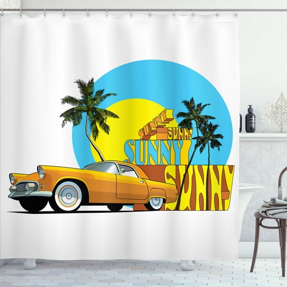 Ambesonne Retro Shower Curtain, Vintage Car in City Miami, 69"Wx84"L, Orange Yellow and Blue