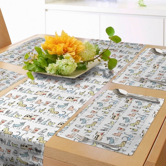 Ambesonne Retro Table Runner & Placemats, Cartoon Village Animals, Placemat 4 pcs + Runner 12"x72", Yellow Beige
