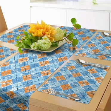 Ambesonne Retro Table Runner & Placemats, Classic Argyle Like Design, Placemat 4 pcs + Runner 12"x72", Blue Pale Blue