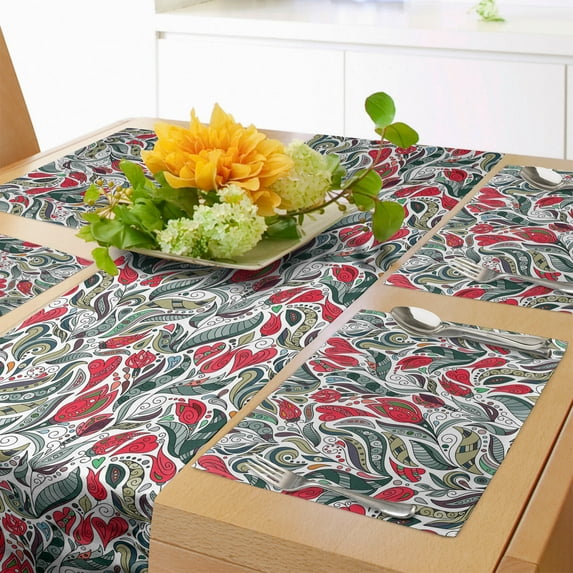 Ambesonne Retro Table Runner & Placemats, Colored Boho Flowers Leaf, Placemat 4 pcs + Runner 14"x90", Grey and Hot Pink