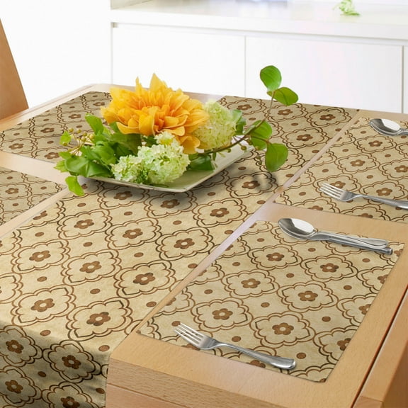 Ambesonne Retro Table Runner & Placemats, Diamond Form Curvy Leaves, Placemat 4 pcs + Runner 14"x90", Caramel and Beige
