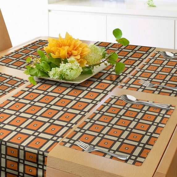 Ambesonne Retro Table Runner & Placemats, Squares Vintage Earth Tones, Placemat 4 pcs + Runner 12"x72", Dark Orange Beige Brown