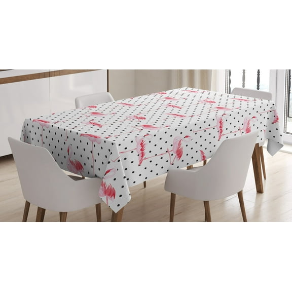 Ambesonne Retro Tablecloth Rectangular Table Cover, Flamingo Birds Polka Dots, 60"x90", Pale Pink White