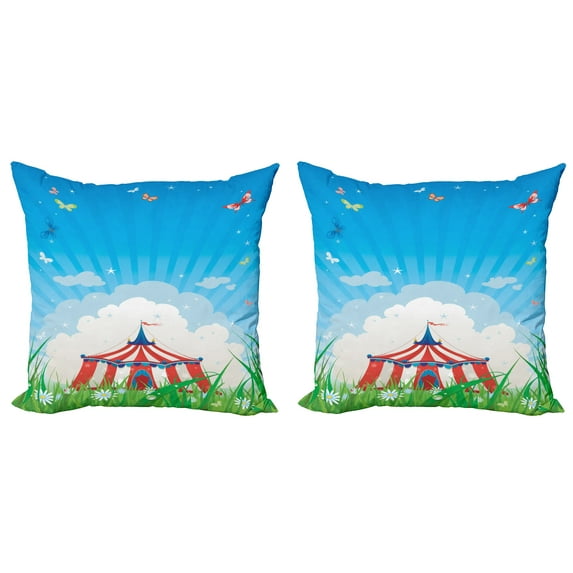 Ambesonne Retro Throw Pillow Cover 2 Pack, Circus Tent with Clouds, 20", Red Green Blue