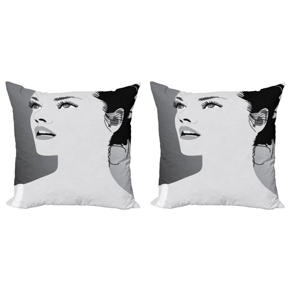 Ambesonne Retro Throw Pillow Cover 2 Pack, Digital Girl, 24", Black Grey