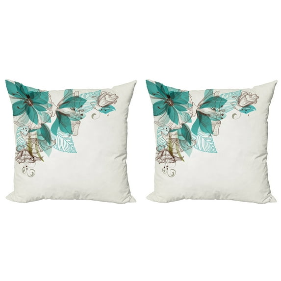 Ambesonne Retro Throw Pillow Cover 2 Pack, Flowers Buds Leaf, 24", Teal Pale Green