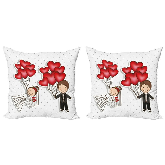 Ambesonne Retro Throw Pillow Cover 2 Pack, Funny Newlyweds Balloons, 24", Red White Black
