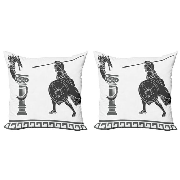 Ambesonne Retro Throw Pillow Cover 2 Pack, Hero and Dragon Myth, 16", Grey Charcoal Grey White