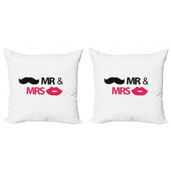 Ambesonne Retro Throw Pillow Cover 2 Pack, Lips Moustache Mr Mrs, 16", Black Pink White