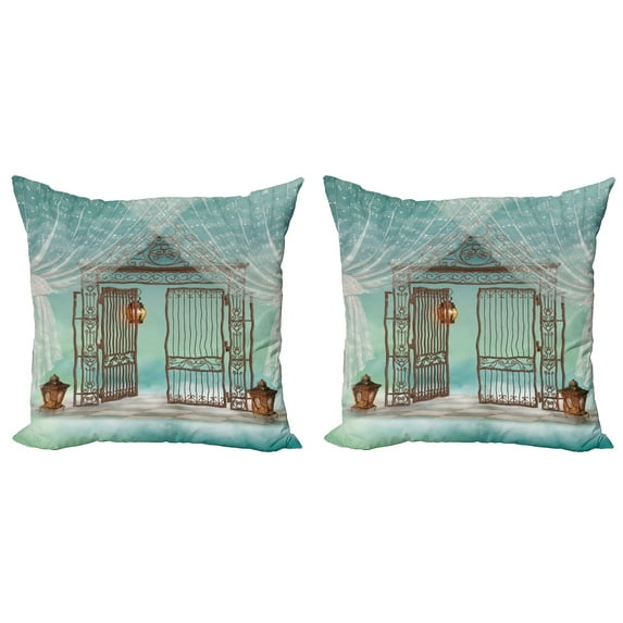 Ambesonne Retro Throw Pillow Cover 2 Pack, Old Door and Curtain Print, 16", Teal Brown White