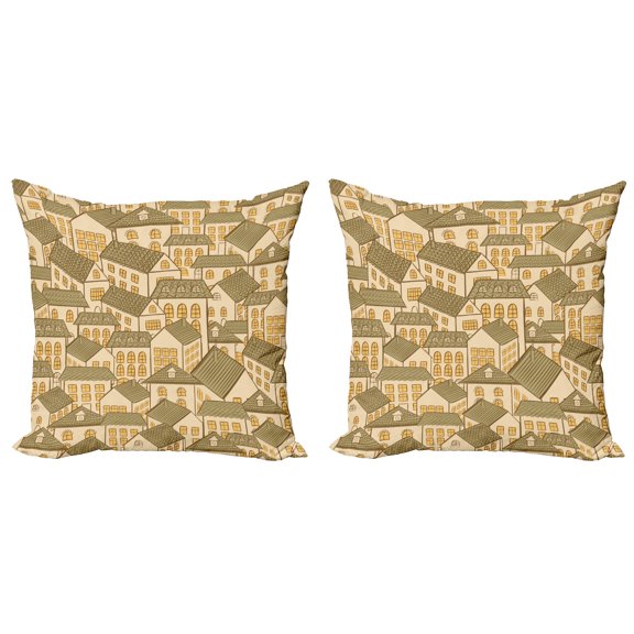Ambesonne Retro Throw Pillow Cover 2 Pack, Village Town Houses Roofs, 20", Reseda Green Sand Brown