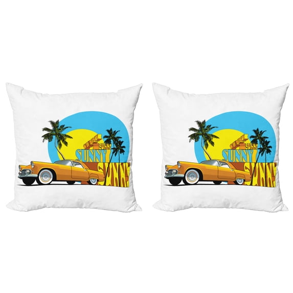 Ambesonne Retro Throw Pillow Cover 2 Pack, Vintage Car in City Miami, 16", Orange Yellow and Blue