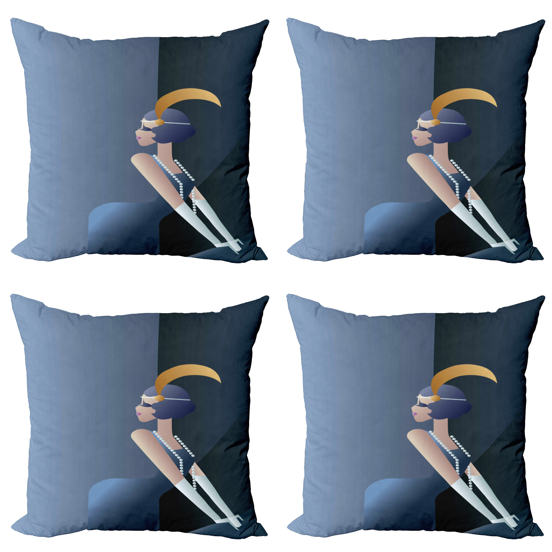 Ambesonne Retro Throw Pillow Cover 4 Pack, 20s Style Flapper Lady, 20", Blue Grey and Dark Blue - image 1 of 2