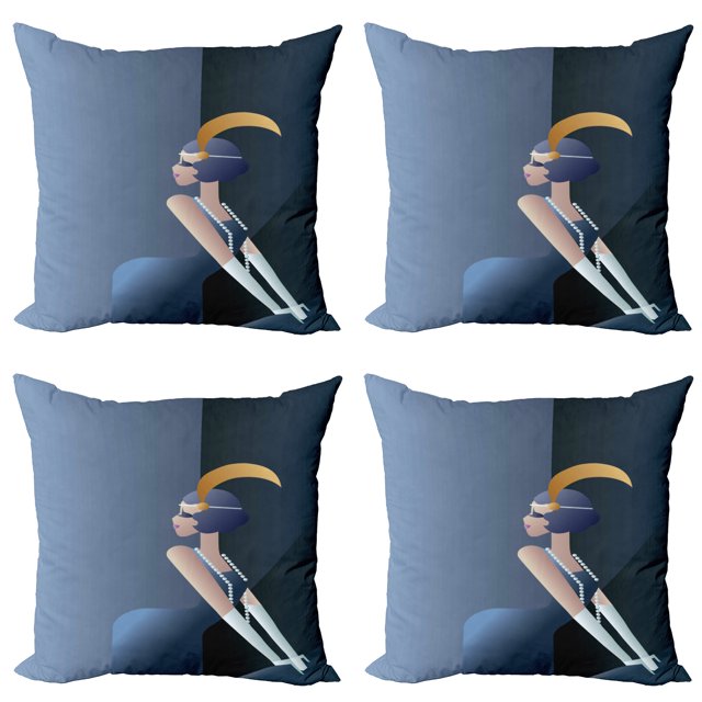 Ambesonne Retro Throw Pillow Cover 4 Pack, 20s Style Flapper Lady, 20", Blue Grey and Dark Blue