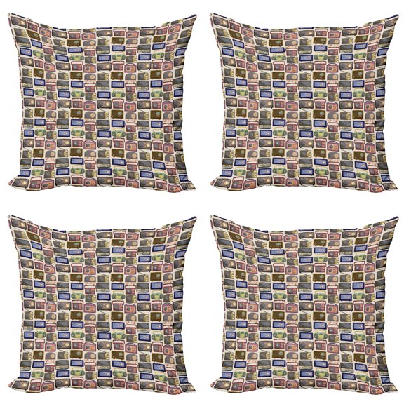 Ambesonne Retro Throw Pillow Cover 4 Pack, Cartoon Radio Pattern, 24", Multicolor