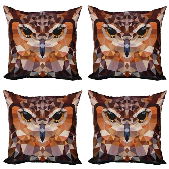 Ambesonne Retro Throw Pillow Cover 4 Pack, Geometric Mosaic Owl Art, 24", Orange Brown