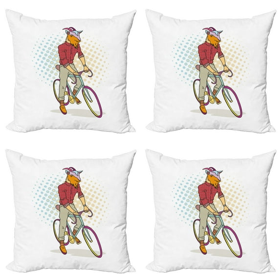 Ambesonne Retro Throw Pillow Cover 4 Pack, Hipster Goat on Bicycle, 20", Multicolor