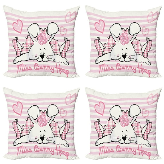 Ambesonne Retro Throw Pillow Cover 4 Pack, Miss Bunny Hoop Love, 24", Pale Pink White