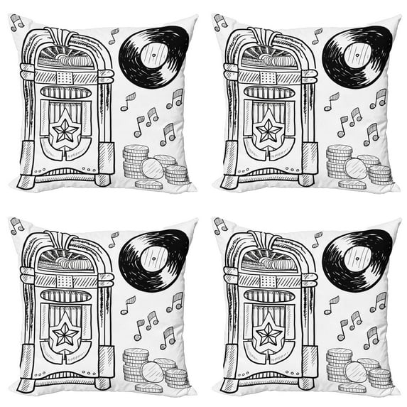 Ambesonne Retro Throw Pillow Cover 4 Pack, Music Box Notes Coins, 24", Black and White