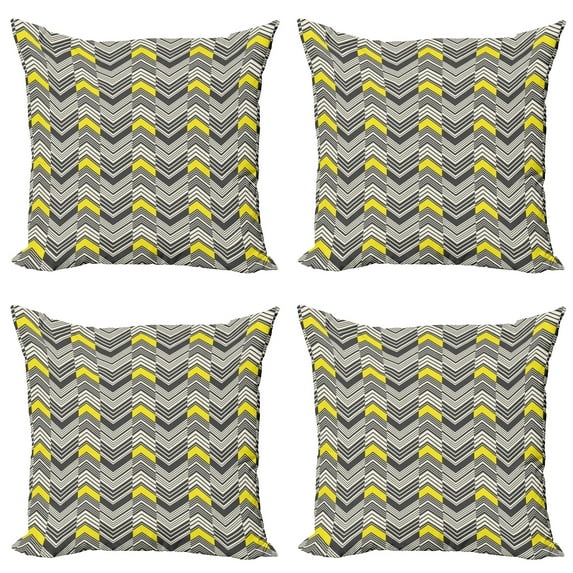 Ambesonne Retro Throw Pillow Cover 4 Pack, Nostalgic Abstract Zigzags, 24", Yellow Ivory and Grey