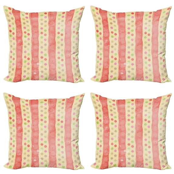 Ambesonne Retro Throw Pillow Cover 4 Pack, Nostalgic Stripes Dots, 24", Pale Yellow Coral