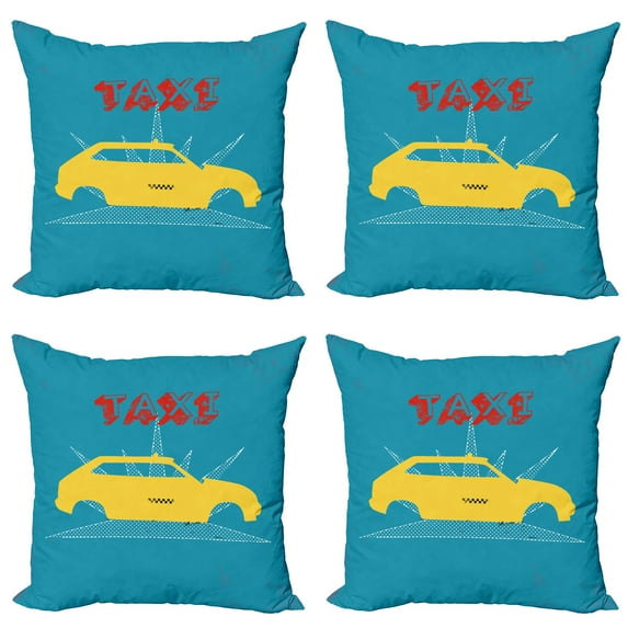 Ambesonne Retro Throw Pillow Cover 4 Pack, Old Cab Grunge Typography, 24", Petrol Blue and Yellow